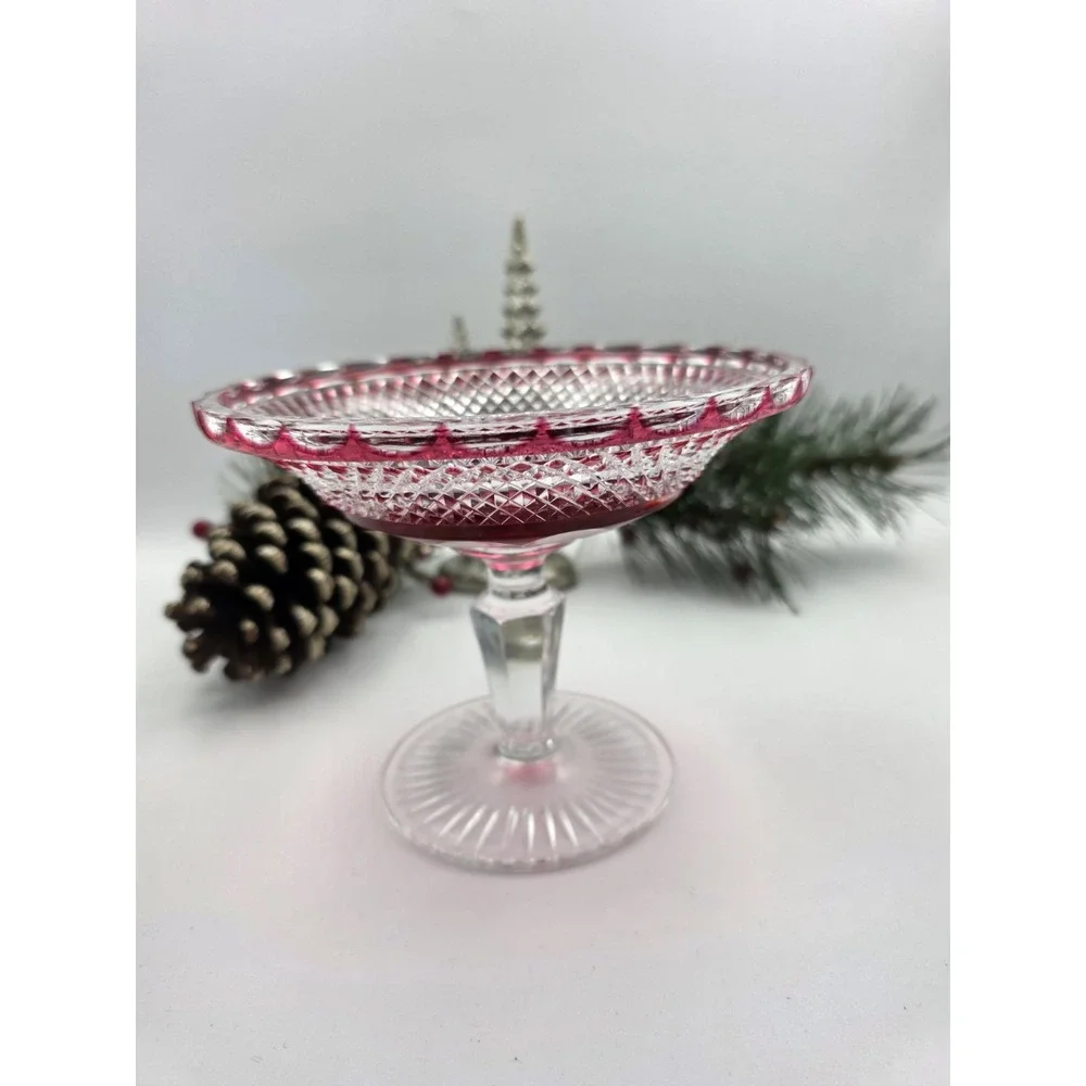 Vintage Cranberry Flash Glass Compote 6